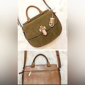 suede & leather Romy Saddle bag. Gold hardware, slim profile, adjustable strap.